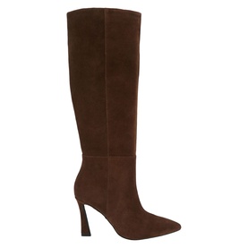 Chocolate brown suede knee-high boot with pointed toe, flared stiletto heel, and pull-on style with no visible fastening