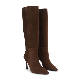 Chocolate brown suede knee-high boots with stiletto heel, pointed toe, and tonal panel detailing