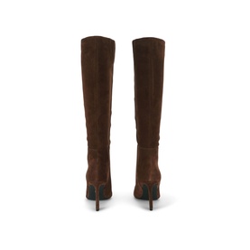 Chocolate brown suede knee-high boots, stiletto heel, rear view showing clean seam and black heel tip