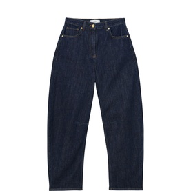 Reiss dark blue high-waist barrel-leg jeans with gold-tone hardware and contrast stitching detail
