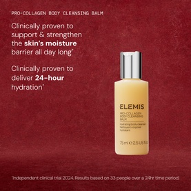 Elemis Pro-Collagen Body Cleansing Balm bottle in gold packaging, 75ml, shown against a deep red background with hydration claims.