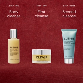 Elemis The Ultimate Getaway Collection Gift Set featuring three-step cleansing routine: body oil, cleansing balm, and hydrating cream