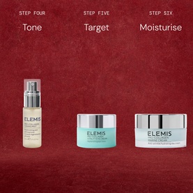 Elemis The Ultimate Getaway Collection Gift Set featuring toner serum, Pro-Collagen Vitality Cream, and Marine Cream on red background