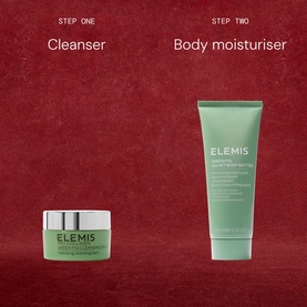 Elemis Nourish & Smooth Duo Gift Set featuring a cleanser jar and body moisturiser tube on a deep red background