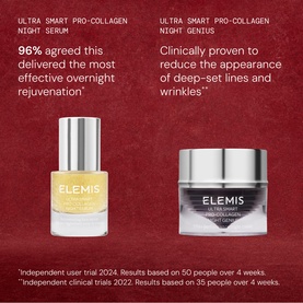 Elemis Ultra Smart Midnight Renewal Gift Set featuring Pro-Collagen Night Serum and Night Genius cream on dark red background with clinical claims.