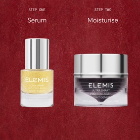 Elemis Ultra Smart Midnight Renewal Gift Set featuring a gold serum bottle and black collagen night cream jar, two-step routine