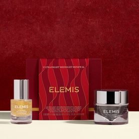 Elemis Ultra Smart Midnight Renewal Gift Set with red gift box, facial oil and moisturiser cream jar displayed on neutral surface