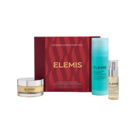 Elemis Refresh & Replenish Gift Set, three-piece skincare set including cream, cleanser, and facial oil, in branded red gift box