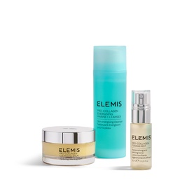 Elemis Refresh & Replenish Gift Set featuring three skincare products: cleansing balm, foaming cleanser, and facial oil serum.