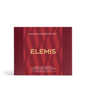 Elemis Refresh & Replenish Gift Set in deep red wave-patterned box with gold logo, skincare trio set