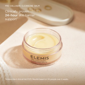 Elemis Refresh & Replenish Gift Set open cleansing balm jar showing pale yellow balm texture, with clinical claim text overlay