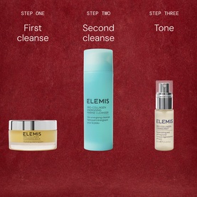 Elemis Refresh & Replenish Gift Set featuring cleansing balm, foaming cleanser, and toner displayed in a three-step skincare routine
