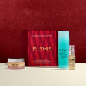 Elemis Refresh & Replenish Gift Set featuring red gift box, teal cleanser, gold serum, and pink moisturiser pot