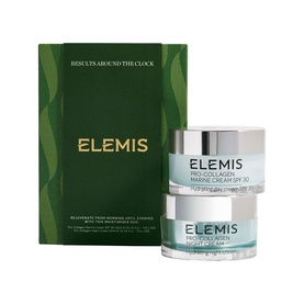 Elemis Results Around the Clock Gift Set, two Pro-Collagen moisturiser jars in green gift box packaging