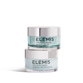 Elemis Results Around the Clock Gift Set featuring Pro-Collagen Night Cream and Marine Cream SPF 30 in teal and white pots