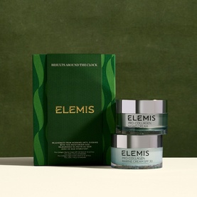 Elemis Results Around the Clock Gift Set with green branded box and two teal moisturiser pots displayed together