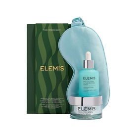 Elemis The Unwind Edit Gift Set with serum, cream, eye mask, and green gift box packaging