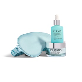 Elemis The Unwind Edit Gift Set featuring Pro-Collagen serum, moisturiser, and teal satin sleep mask
