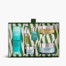 Elemis The Power of Pro-Collagen Gift Set featuring five skincare products in a green and white striped gift box