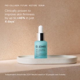 Elemis Pro-Collagen Future Restore Serum in teal glass dropper bottle on ceramic tray, clinical claims text overlay