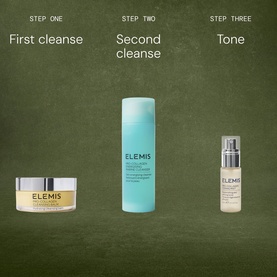 Elemis The Power of Pro-Collagen Gift Set with cleansing balm, foaming cleanser, and toning mist arranged across three skincare steps