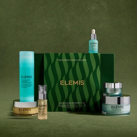 Elemis The Power of Pro-Collagen Gift Set with green branded box, serum, moisturiser, cleansing balm and two minis