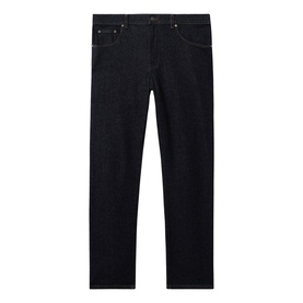 Reiss raw indigo straight-leg jeans with five-pocket styling and subtle gold hardware, flat lay view