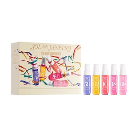 Sol De Janeiro Sol Many Compliments Gift Set featuring six mini fragrance mists in pink, yellow, purple and clear bottles with colourful ribbon detail