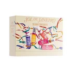 Sol de Janeiro Sol Many Compliments Gift Set, cream box containing multiple colourful mini body care bottles with ribbon details