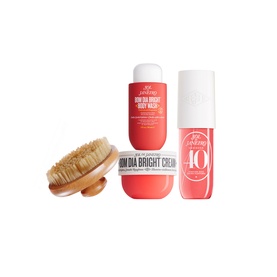 Sol De Janeiro Smooth & Bright Solidays Gift Set including body wash, bright cream, and dry body oil mist in coral packaging with body brush