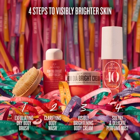 Sol De Janeiro Smooth & Bright Solidays Gift Set featuring body brush, body wash, brightening cream and perfume mist with 4-step skin routine guide