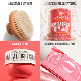 Sol De Janeiro Smooth & Bright Solidays Gift Set showing body brush, Bom Dia Bright Body Wash, cream, and lotion in four-panel layout