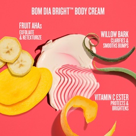 Sol De Janeiro Smooth & Bright Solidays Gift Set body cream texture with fruit AHAs, willow bark, and vitamin C ester ingredients shown