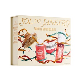 Sol De Janeiro Smooth & Bright Solidays Gift Set featuring body scrub, body cream, body spray, and dry brush in branded box
