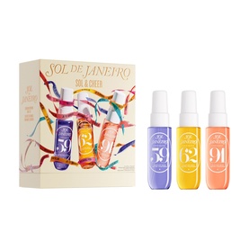 Sol De Janeiro Sol & Cheer Gift Set featuring three mini body mists in purple, yellow and peach with decorative ribbons on box