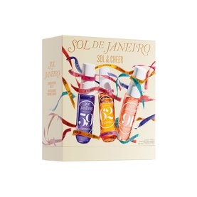 Sol De Janeiro Sol & Cheer Gift Set featuring three fragrance mists in purple, pink and peach bottles in decorated gift box