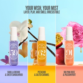 Sol de Janeiro Sol & Cheer Gift Set featuring three body mists: Vanilla Orchid & Sheer Sandalwood, Pistachio & Salted Caramel, Rio Pink Rose &