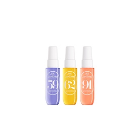 Sol De Janeiro Sol & Cheer Gift Set featuring three mini body sprays in lavender, yellow, and peach bottles with white pump tops