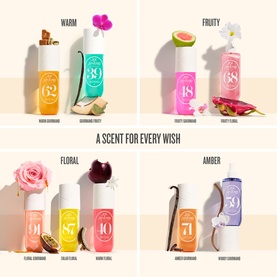 Sol De Janeiro Sol Many Options Gift Set featuring multiple fragrance mists arranged by scent family: Warm, Fruity, Floral, and Amber