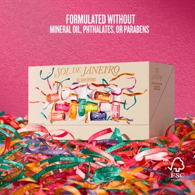Sol De Janeiro Sol Many Options Gift Set boxed set surrounded by colourful streamers, formulated without mineral oil, phthalates, or parabens