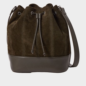 Jigsaw khaki suede bucket bag with leather base, drawstring top, silver hardware, and adjustable shoulder strap