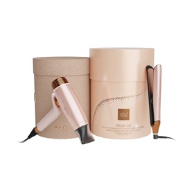 GHD Deluxe Speed Hair Dryer and Chronos Hair Straightener Festive Gift Set in Cashmere Beige, with cylindrical gift box