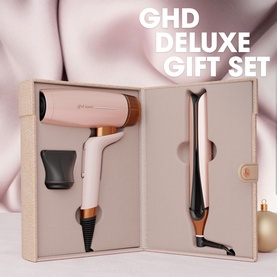 GHD Deluxe Speed Hair Dryer and Chronos Hair Straightener Festive Gift Set in Cashmere Beige, presented in open gift box