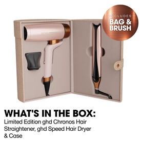 GHD Deluxe Speed Hair Dryer and Chronos Straightener Festive Gift Set in Cashmere Beige, shown open in presentation case