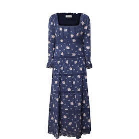 LOVESHACKFANCY Inkwash blue floral cotton midi dress with square neckline, long sleeves, smocked waist, tiered skirt and lace trim hem