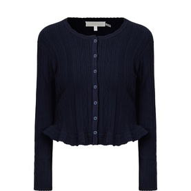 LOVESHACKFANCY Midnight Kiss ribbed cardigan with button front, frill hem and cuffs, in navy knit