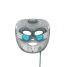 Shark Beauty CryoGlow LED Face Mask in Sage Green, full-face design with teal eye panels and cooling gel zones, with cable attached.