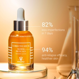 Sisley Corrective Serum Blemish Prone Skin in amber glass dropper bottle with efficacy statistics on golden background