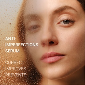 Model with clear skin close-up beside rain-speckled glass, representing Sisley Corrective Serum Blemish Prone Skin anti-imperfections benefits