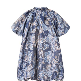 Sister Jane blue floral jacquard mini dress with voluminous puff sleeves, gathered neckline, and A-line silhouette